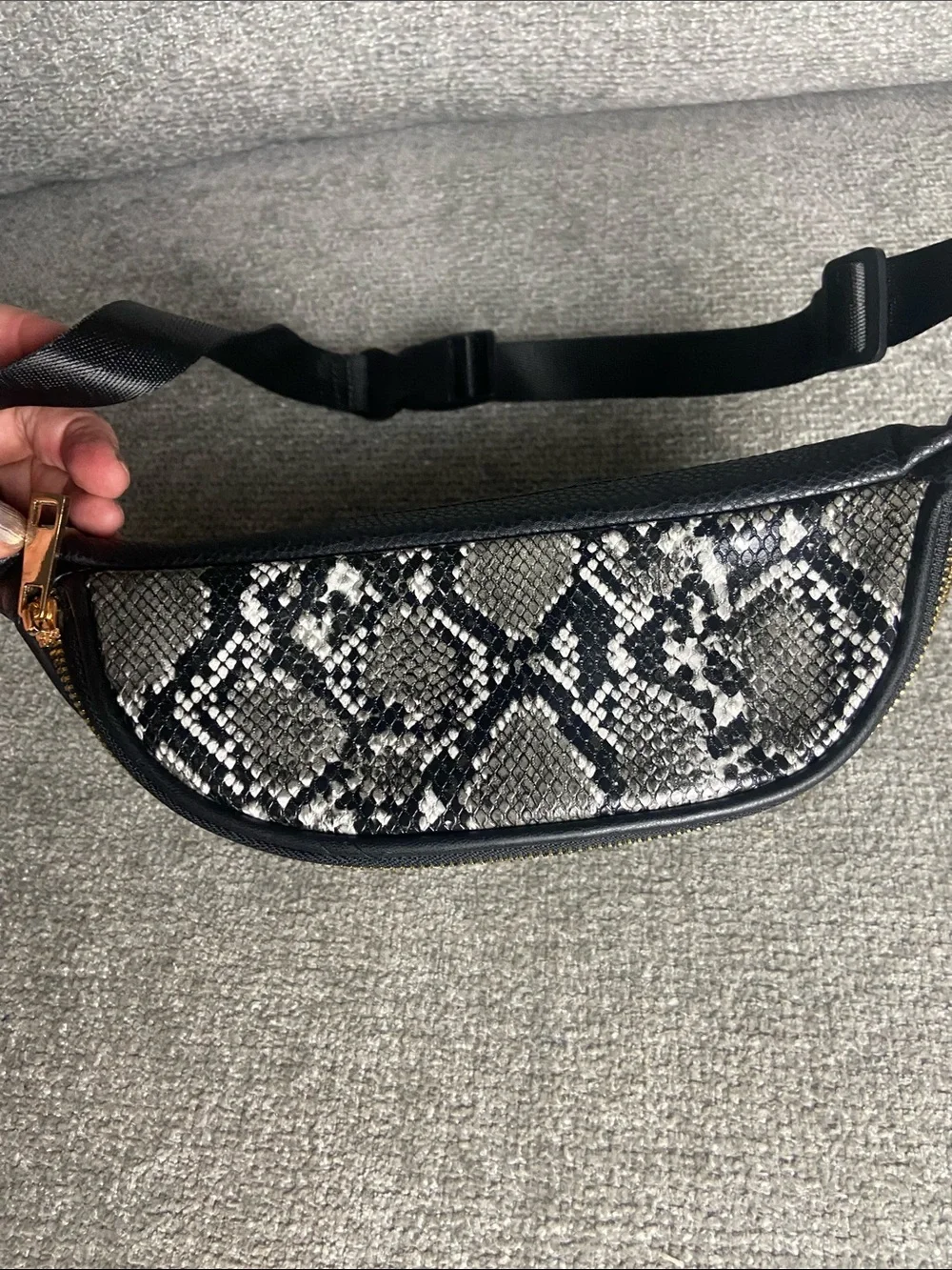 Black Faux Leather Crossbody Waist Bag with Snake-Print Panel